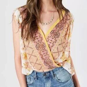 Free People Havana Floral Print Sleeveless Mesh Surplice Tank Top Size S Boho